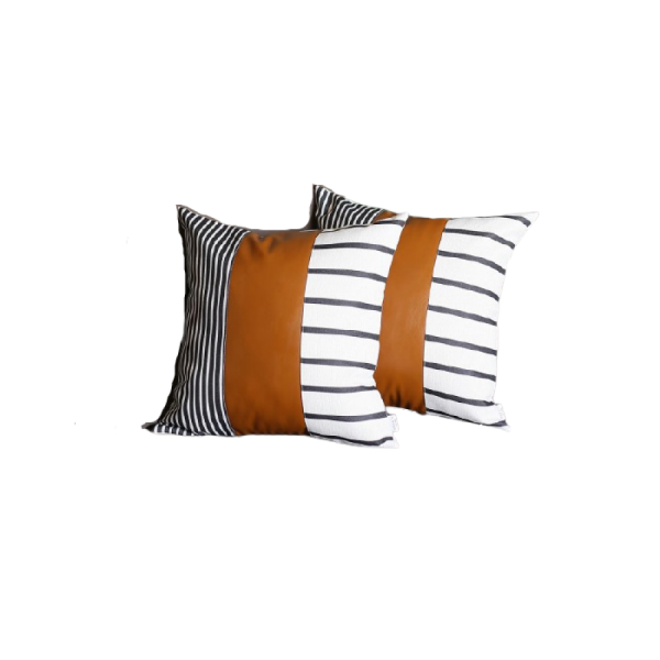 Set of 2 Monochromic Stripe Ends and Brown Faux Leather Lumbar Pillow Covers - Image 3