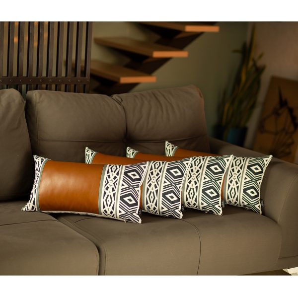 Set of 4 Gray and White Geo with Faux Leather Lumbar Pillow Covers - Image 2