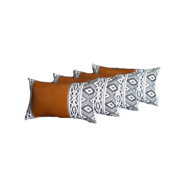 Set of 4 Gray and White Geo with Faux Leather Lumbar Pillow Covers - Image 3