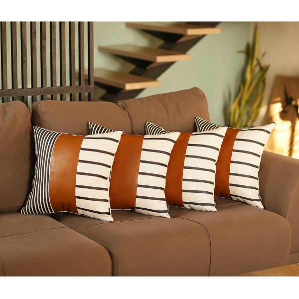 Set of 4 Blue and White Stripes with Faux Leather Pillow Covers - Image 2