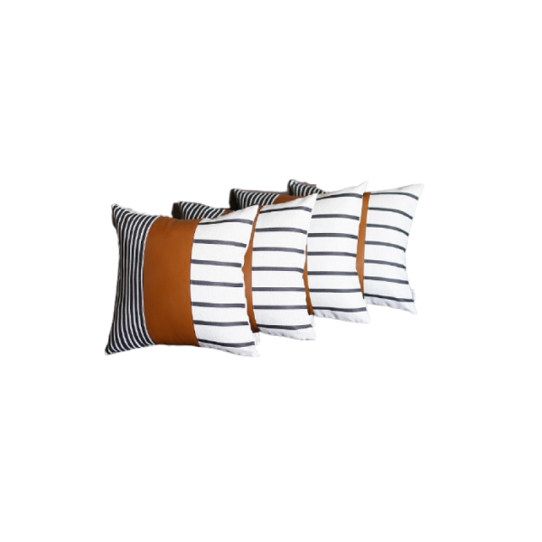 Set of 4 Blue and White Stripes with Faux Leather Pillow Covers - Image 3