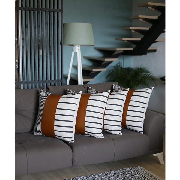 Set of 4 Blue and White Stripes with Faux Leather Pillow Covers - Image 5