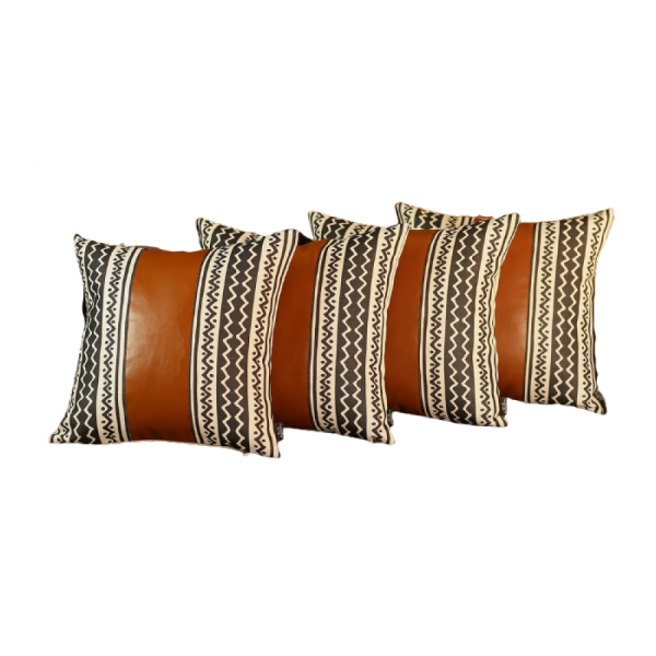Set of 4 Black and White Zig Zag with Faux Leather Pillow Covers - Image 2