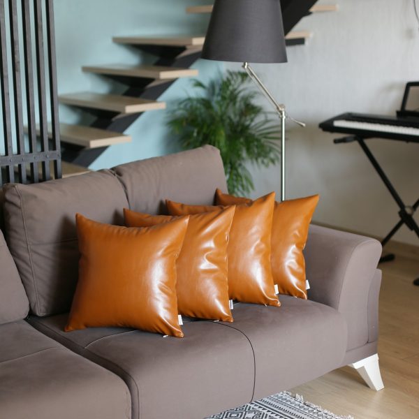 Set of 4 Brown Faux Leather 17" Pillow Covers - Image 2
