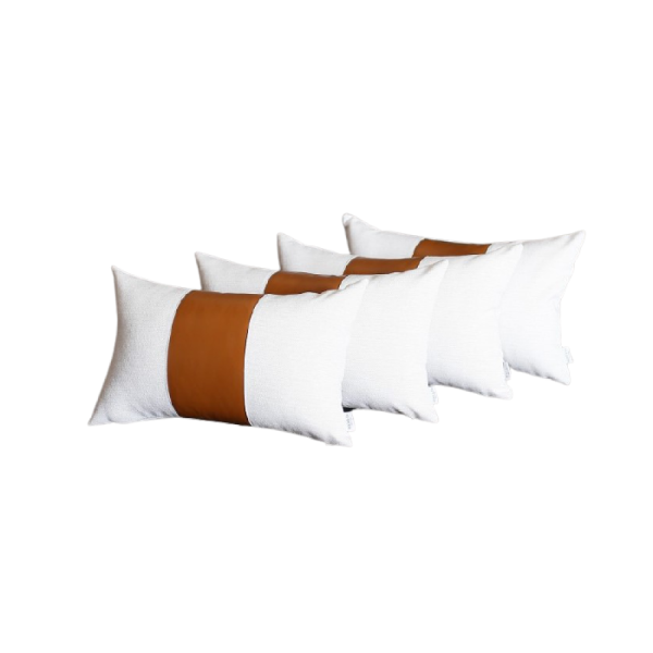 Set of 4 White and Brown Faux Leather Lumbar Pillow Covers - Image 2