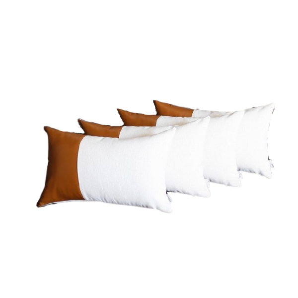 Set of 4 White and Quarter Brown Faux Leather Lumbar Pillow Covers - Image 2