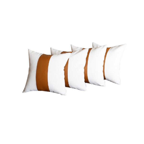 Set of 4 White and Center Brown Faux Leather Pillow Covers - Image 2