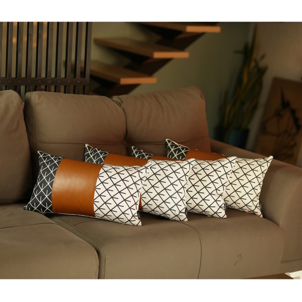 Set of 4 Black and White Reverse with Faux Leather Lumbar Pillow Covers - Image 2