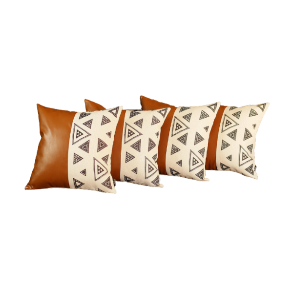 Set of 4 Triangle and Brown Faux Leather Pillow Covers - Image 2