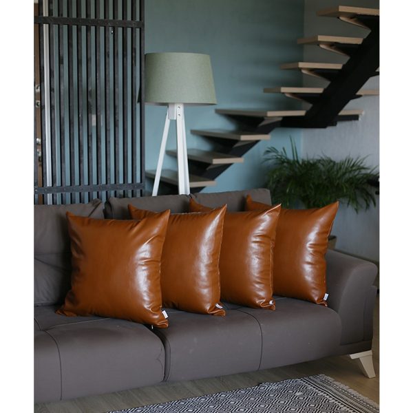 Set of 4 Brown Faux Leather 22" Pillow Covers - Image 3