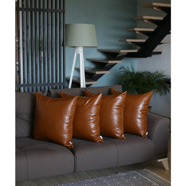 Set of 4 Brown Faux Leather 22" Pillow Covers - Image 4