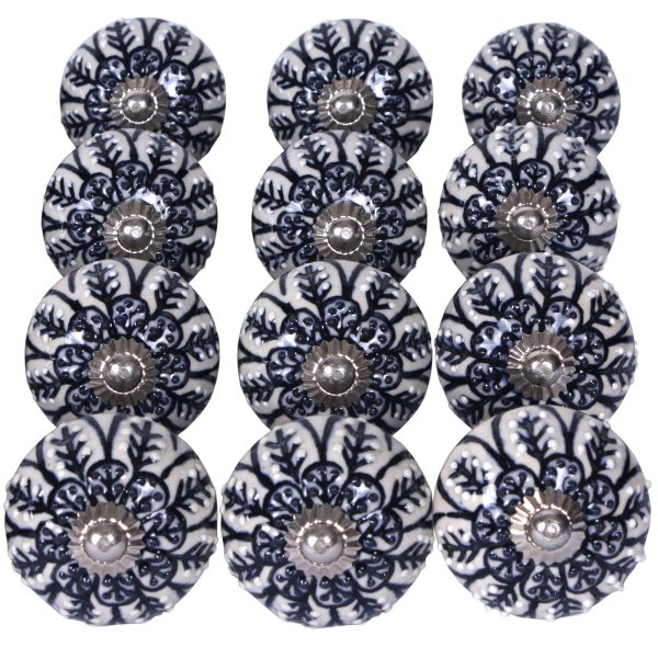 Set of 12 Vintage Black and White Floral Ceramic Knobs - Image 2