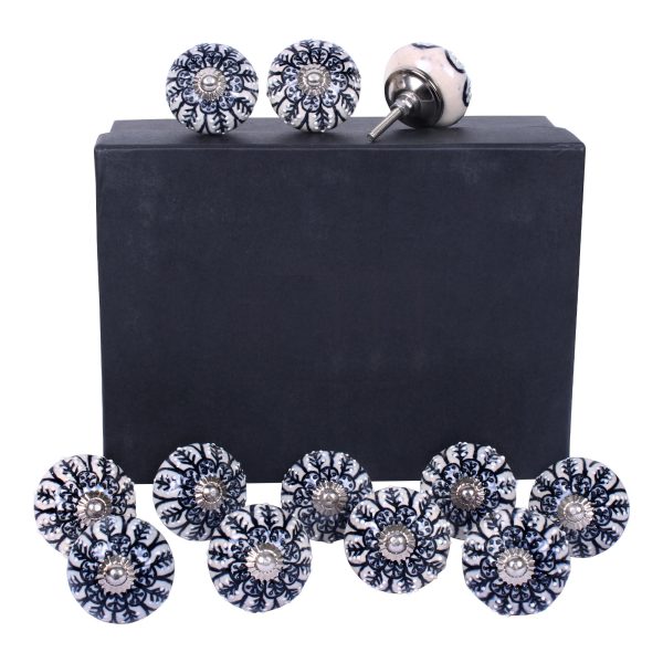 Set of 12 Vintage Black and White Floral Ceramic Knobs - Image 3