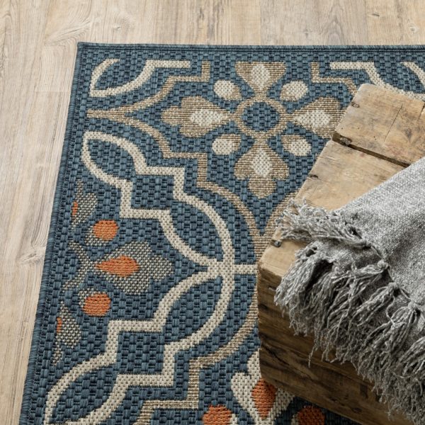 10'x13' Blue Orange Machine Woven Floral Lattice Indoor or Outdoor Area Rug - Image 3