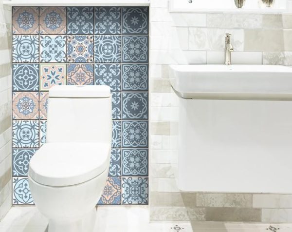 5" x 5" Baby Blue and Peach Mosaic Peel and Stick Removable Tiles - Image 2