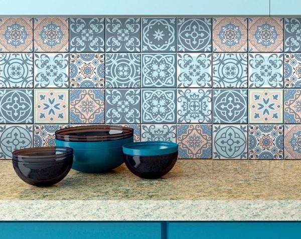 5" x 5" Baby Blue and Peach Mosaic Peel and Stick Removable Tiles - Image 4