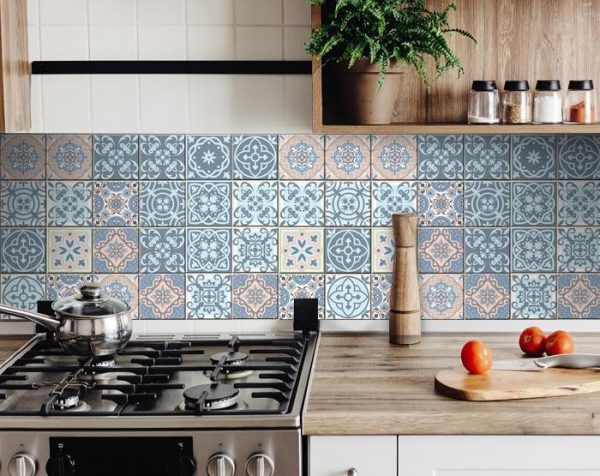 5" x 5" Baby Blue and Peach Mosaic Peel and Stick Removable Tiles - Image 5