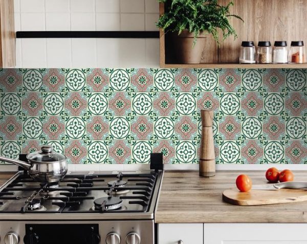 8" x 8" Vintage Green and Taupe Mosaic Peel and Stick Removable Tiles - Image 4