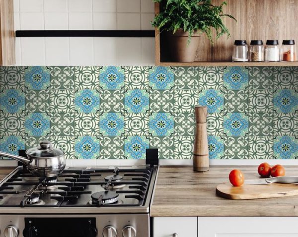 4" x 4" Sage and Aqua Floral Peel and Stick Removable Tiles - Image 5
