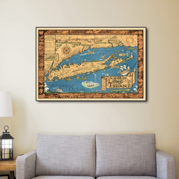 24" x 36" Vintage 1933 Map of Long Island Wall Art - Image 2