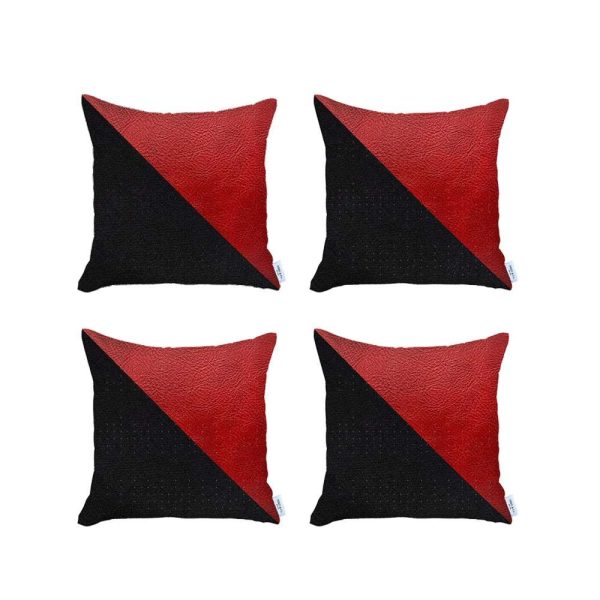 Set of 4 Red and Faux Leather Lumbar Pillow Covers - Image 2