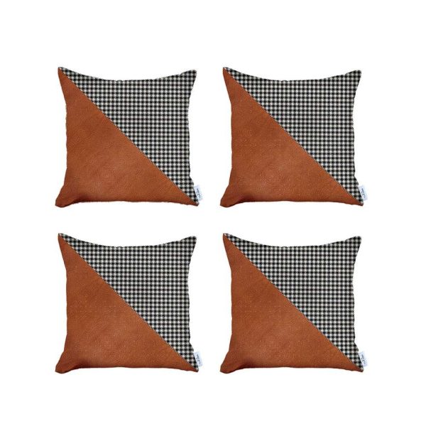 Set of 4 Houndstooth Brown Faux Leather Pillow Covers - Image 2
