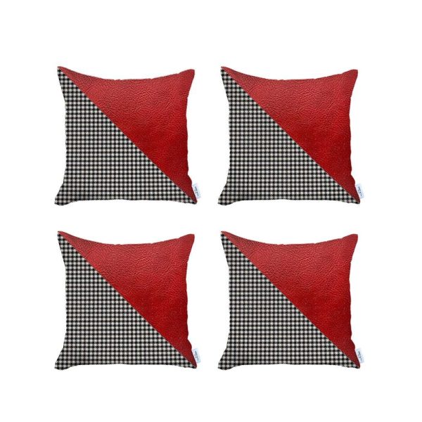 Set of 4 Houndstooth Red Faux Leather Pillow Covers - Image 2