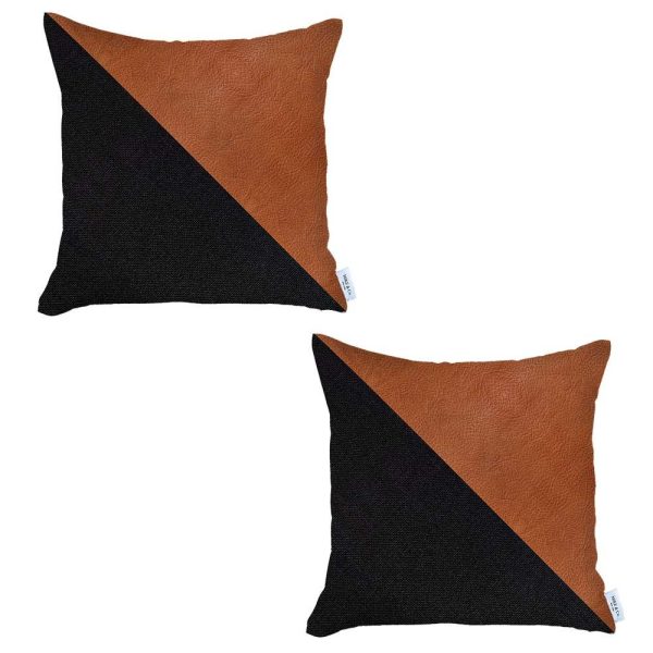Set of 2 Black and Faux Leather Lumbar Pillow Covers - Image 2