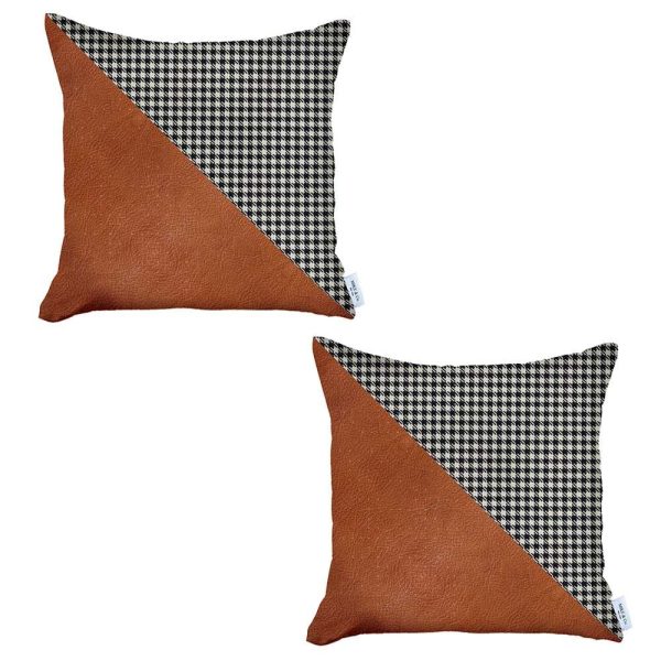Set of 2 Houndstooth Brown Faux Leather Pillow Covers - Image 2