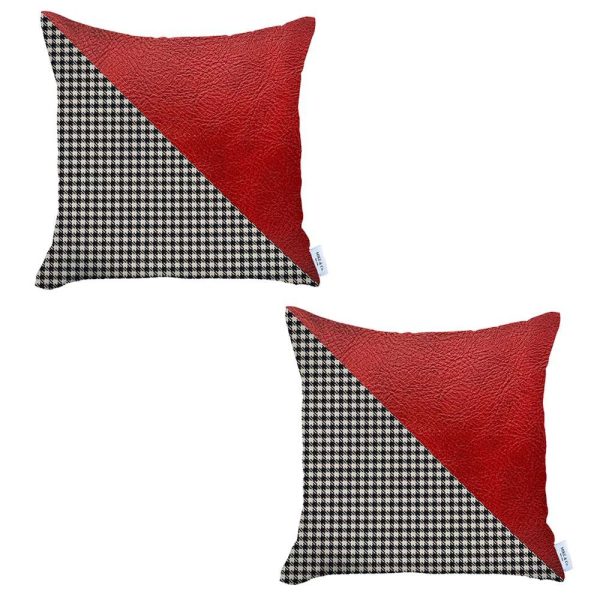 Set of 2 Houndstooth Red Faux Leather Pillow Covers - Image 2