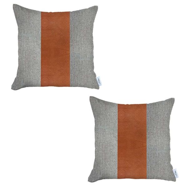 Set of 2 White and Brown Faux Leather Pillow Covers - Image 2