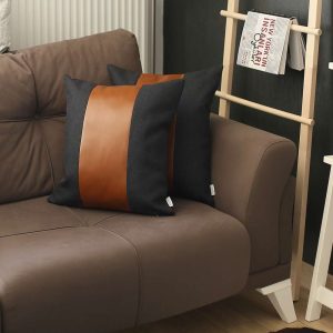 Set of 2 Black and Brown Faux Leather Pillow Covers