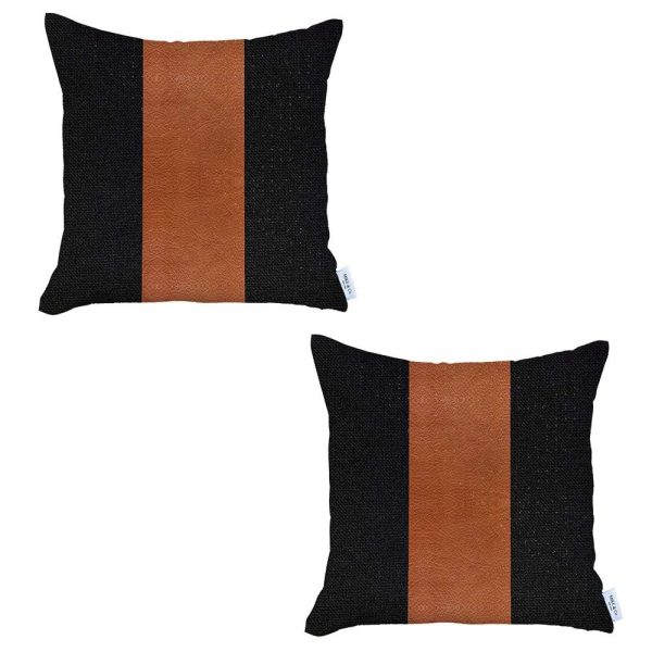 Set of 2 Black and Brown Faux Leather Pillow Covers - Image 2
