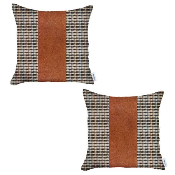 Set of 2 Brown Checkered Faux Leather Pillow Covers - Image 2