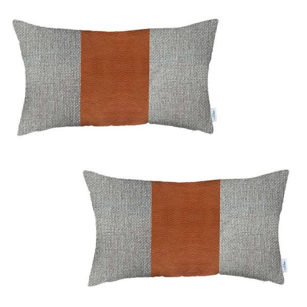 Set of 2 Brown Faux Leather Lumbar Pillow Covers - Image 2
