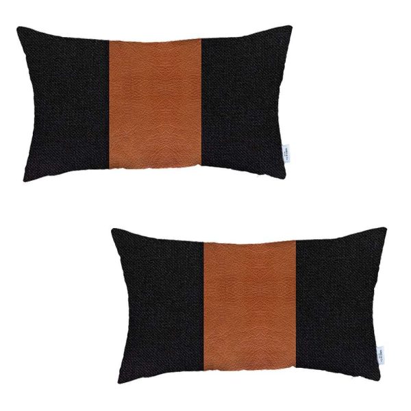 Set of 2 Black Faux Leather Lumbar Pillow Covers - Image 2