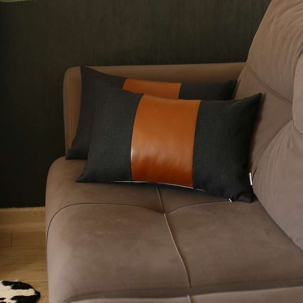 Set of 2 Black Faux Leather Lumbar Pillow Covers - Image 3