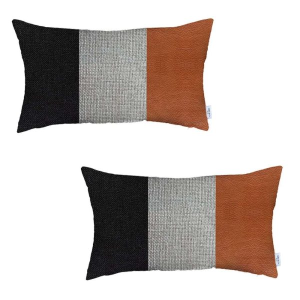 Set of 2 Brown Faux Leather Lumbar Pillow Covers - Image 2