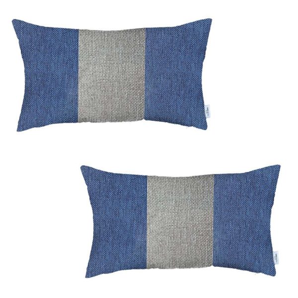 Set of 2 Blue and Ivory Lumbar Pillow Covers - Image 2