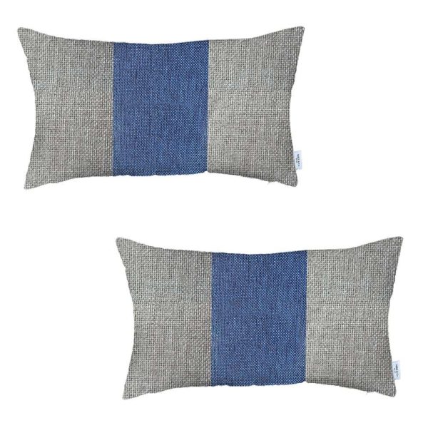 Set of 2 Ivory and Blue Lumbar Pillow Covers - Image 2