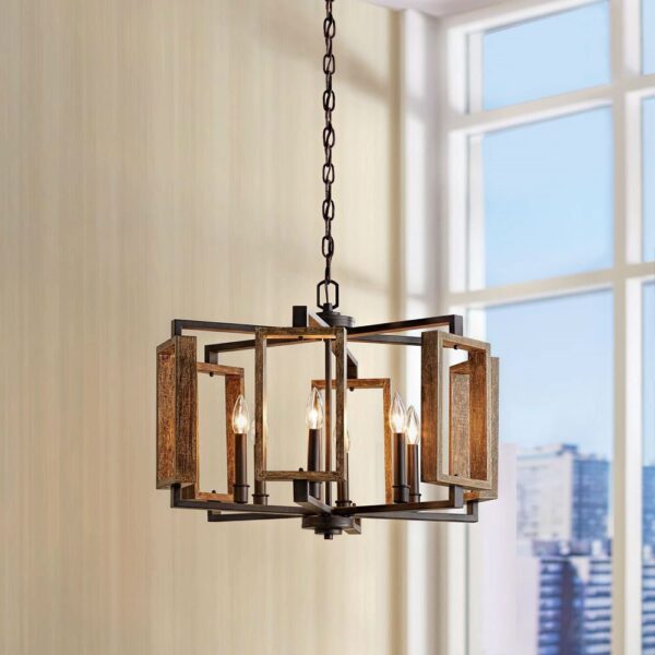 6-Light Dimmable Aged Bronze Farmhouse Pendant with Wood Accents Chandelier - Image 2