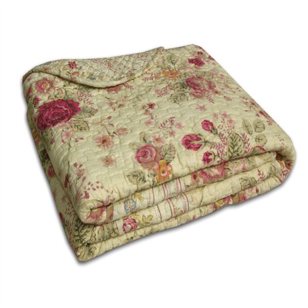 Red Pink Gold Ecru Floral Roses Quilt Throw Blanket in 100% Cotton - Image 2
