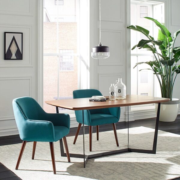 Modern Mid-Century Style Accent Dining Chair with Wood Legs and Aqua Blue Upholstery - Image 3