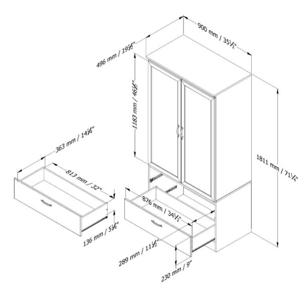 White Armoire Bedroom Clothes Storage Wardrobe Cabinet with 2 Drawers - Image 3