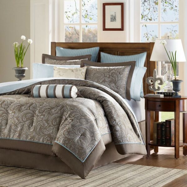 California King 12-piece Reversible Cotton Comforter Set in Brown and Blue - Image 4