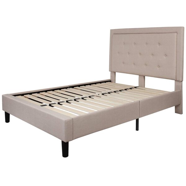 Full Beige Fabric Upholstered Platform Bed Frame with Tufted Headboard - Image 2