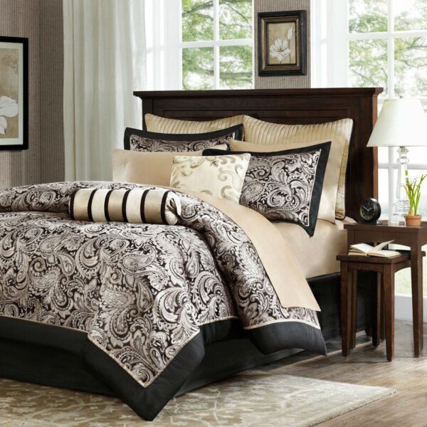 King size Cotton 12-Piece Reversible Paisley Comforter Set in Black Gold - Image 2