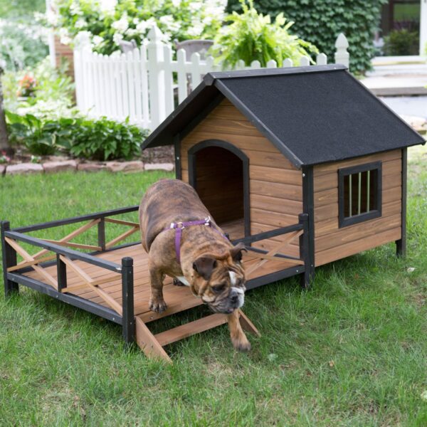 Large Solid Wood Outdoor Dog House with Spacious Deck Porch - Image 2