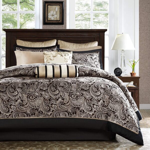 Queen 12 Piece Cotton Polyester Comforter Set Black Gold Paisley - Image 2