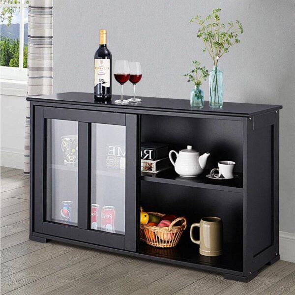 Black Sideboard Buffet Dining Storage Cabinet with 2 Glass Sliding Doors - Image 4